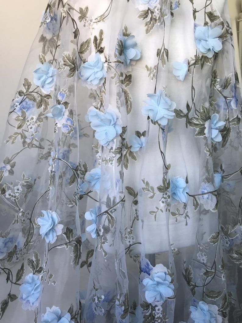 Leaf Printing Organza Fabric with light blue 3d chiffon flower for gowns_ tutu dress_ prom dre...jpg